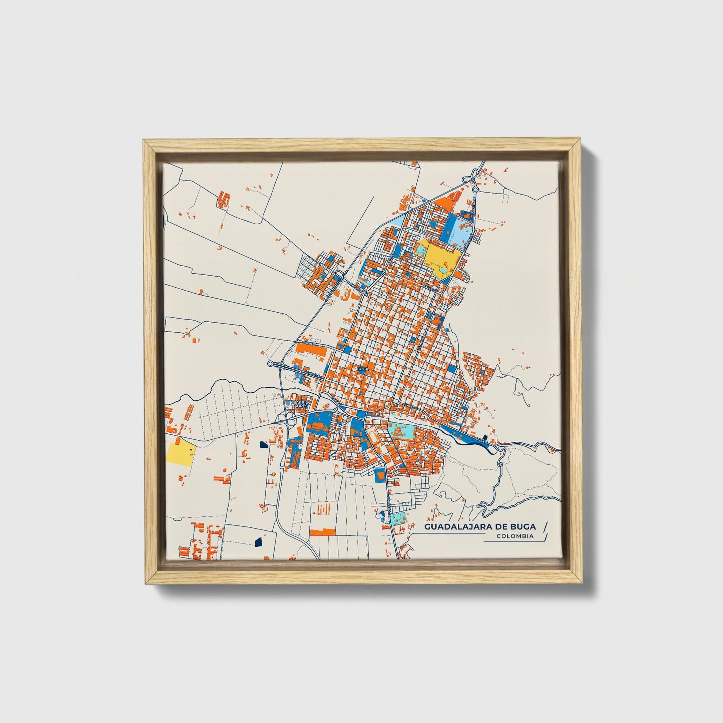 Guadalajara De Buga Colombia Colorful City Map Canvas Print • Natural Wooden Framed