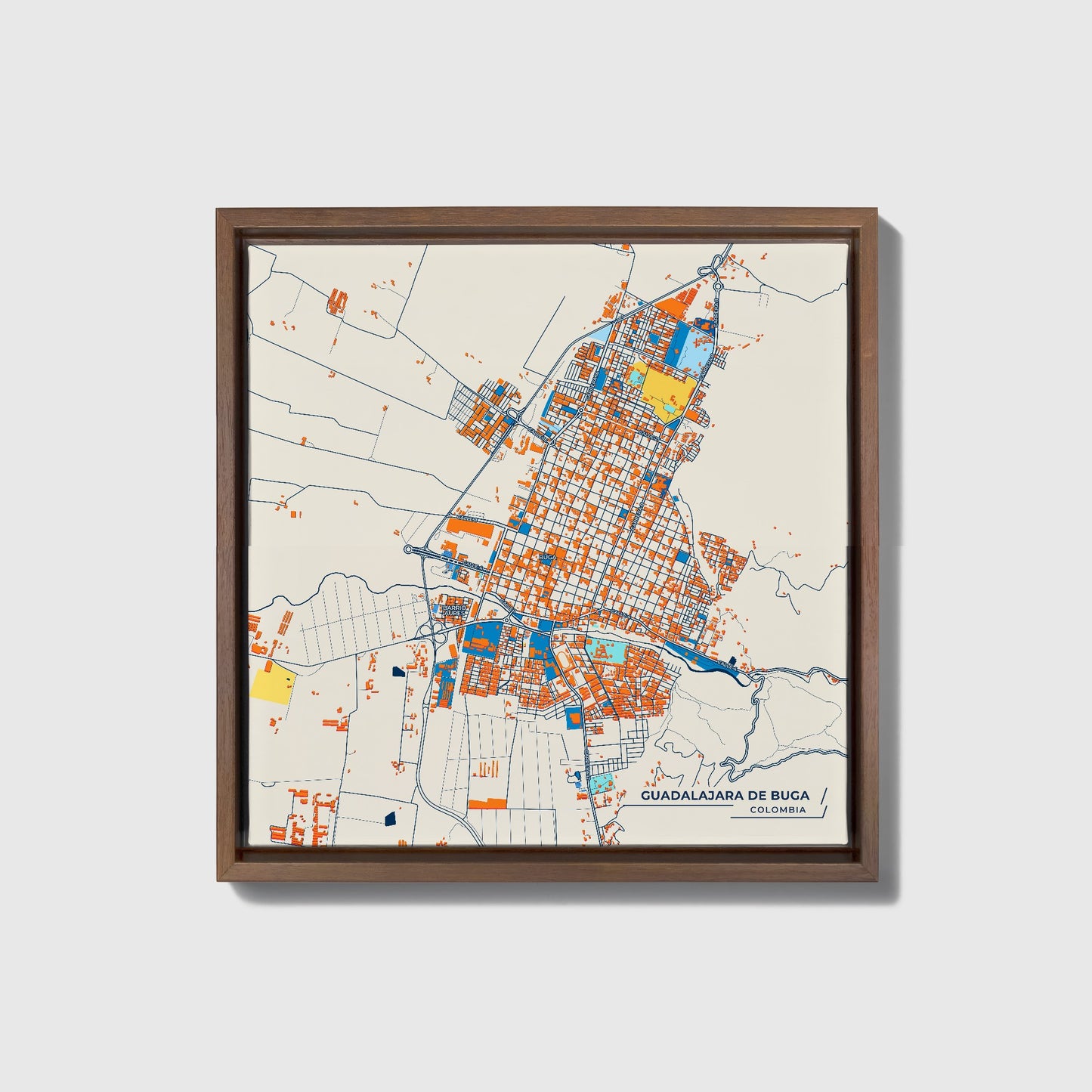 Guadalajara De Buga Colombia Colorful City Map Canvas Print • Dark Wooden Framed