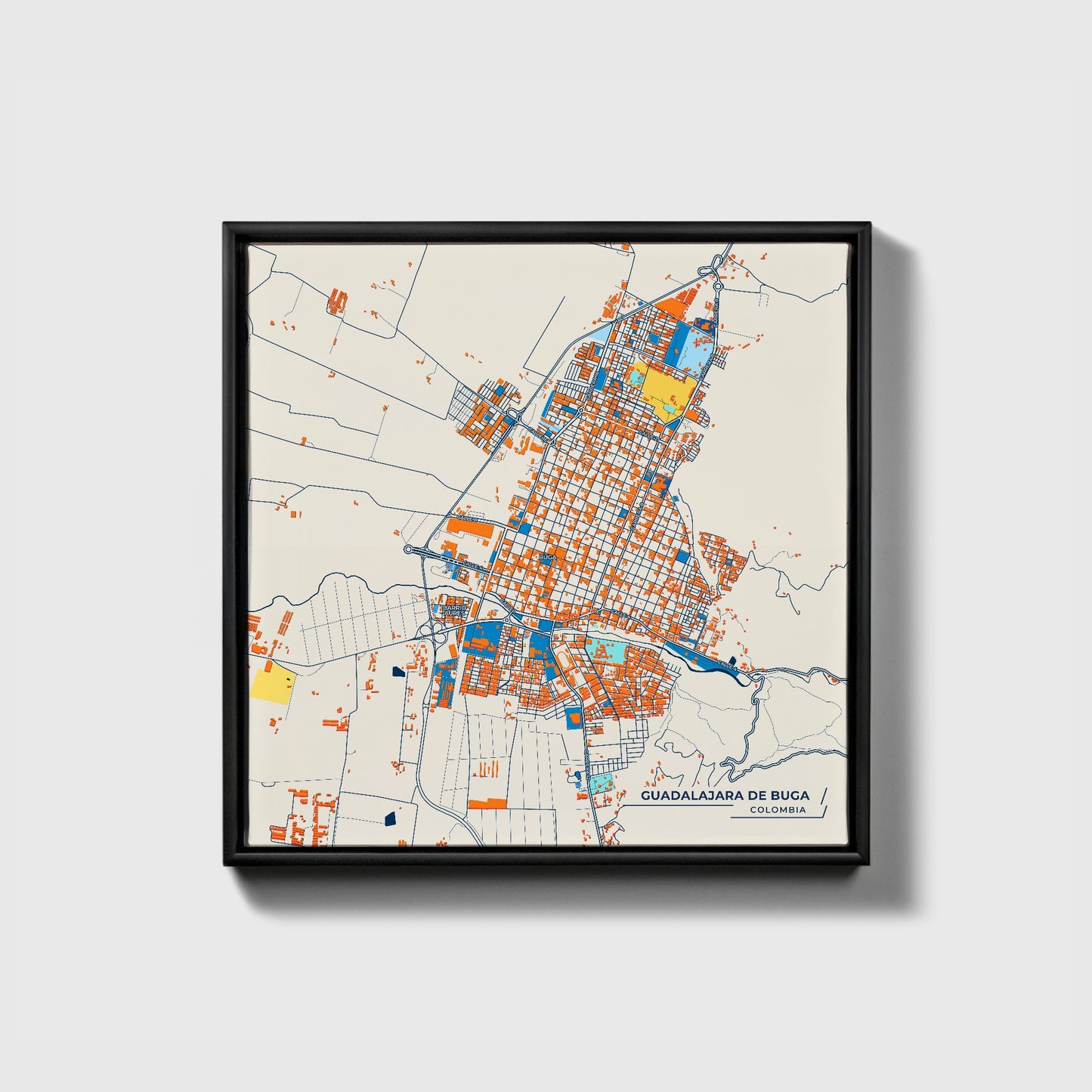 Guadalajara De Buga Colombia Colorful City Map Canvas Print • Black Framed