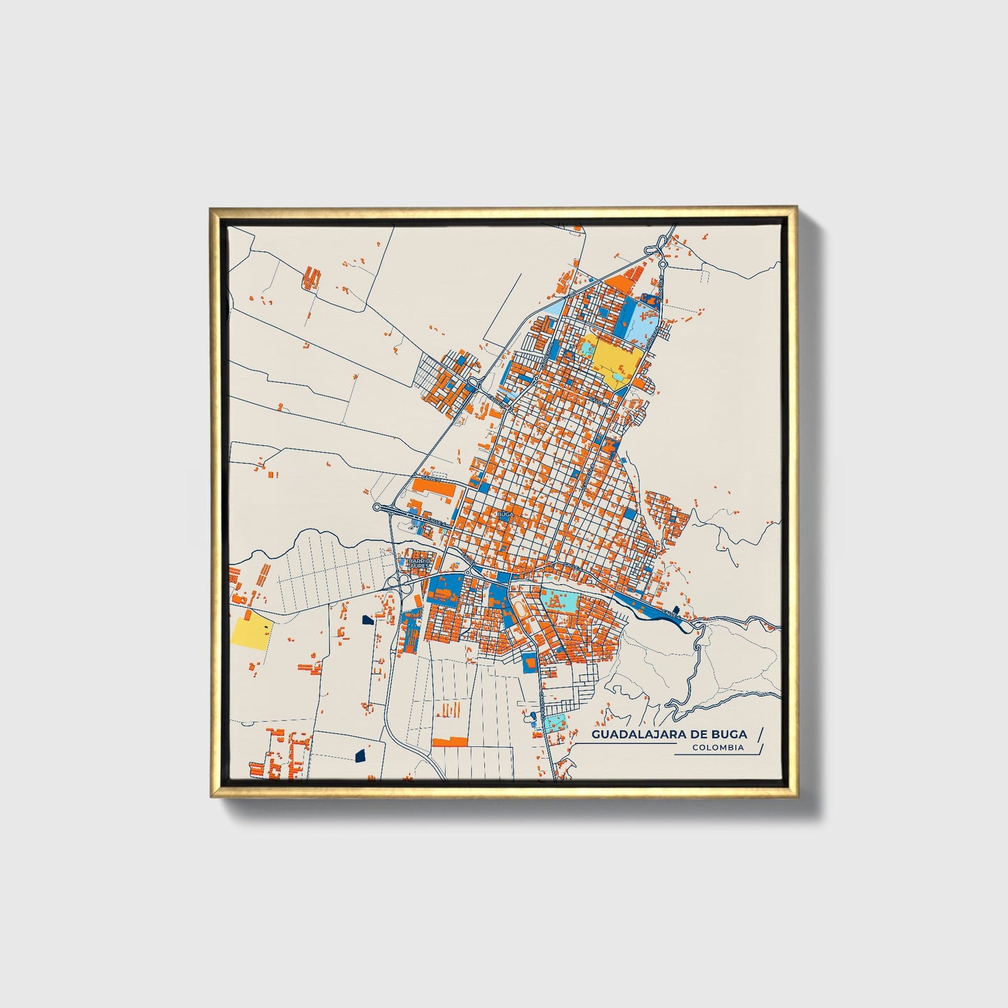 Guadalajara De Buga Colombia Colorful City Map Canvas Print • Gold Framed