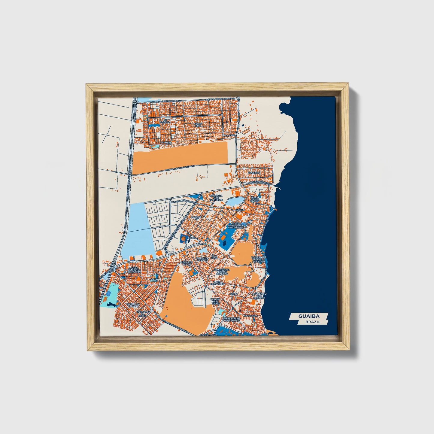 Guaiba Brazil Colorful City Map Canvas Print • Natural Wooden Framed