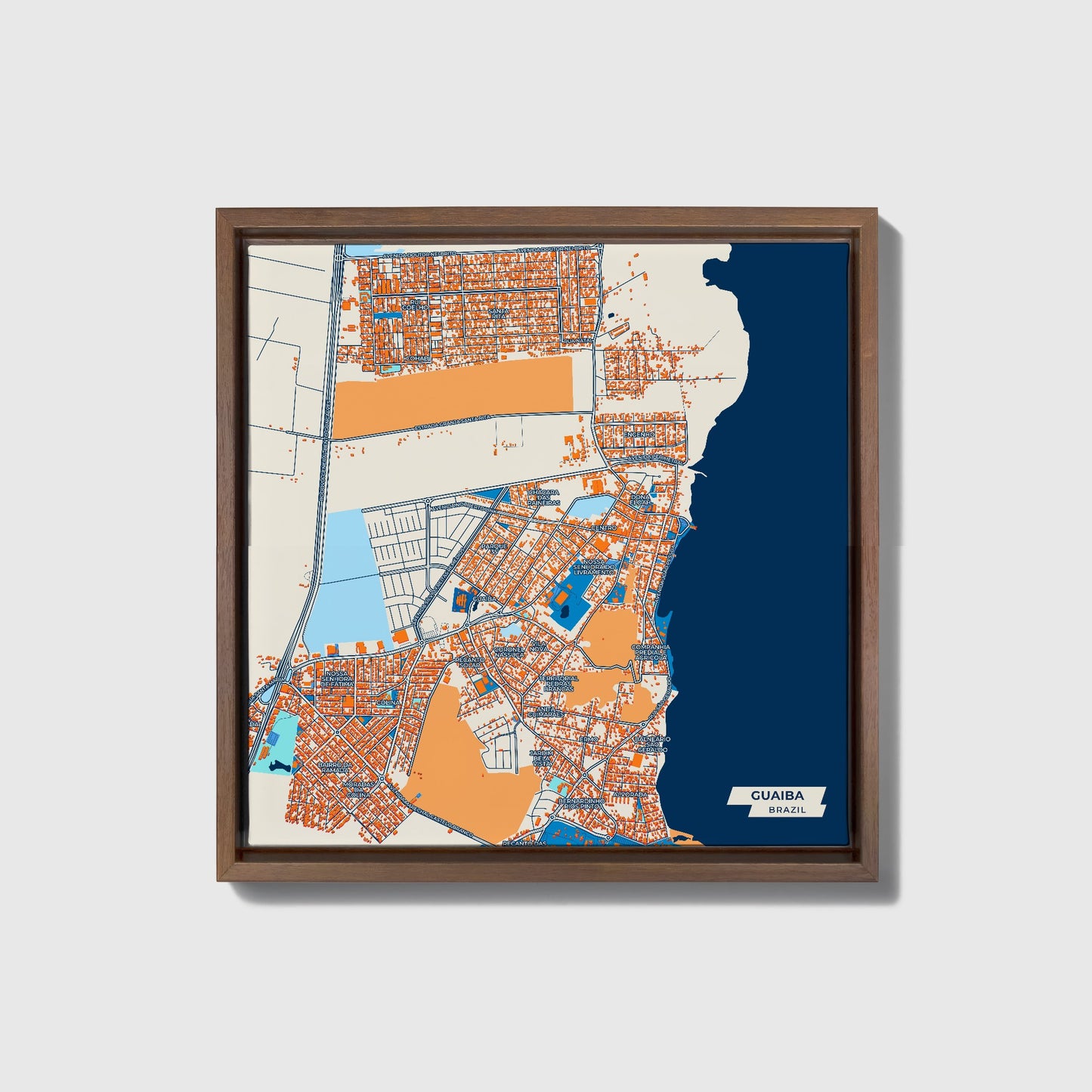 Guaiba Brazil Colorful City Map Canvas Print • Dark Wooden Framed