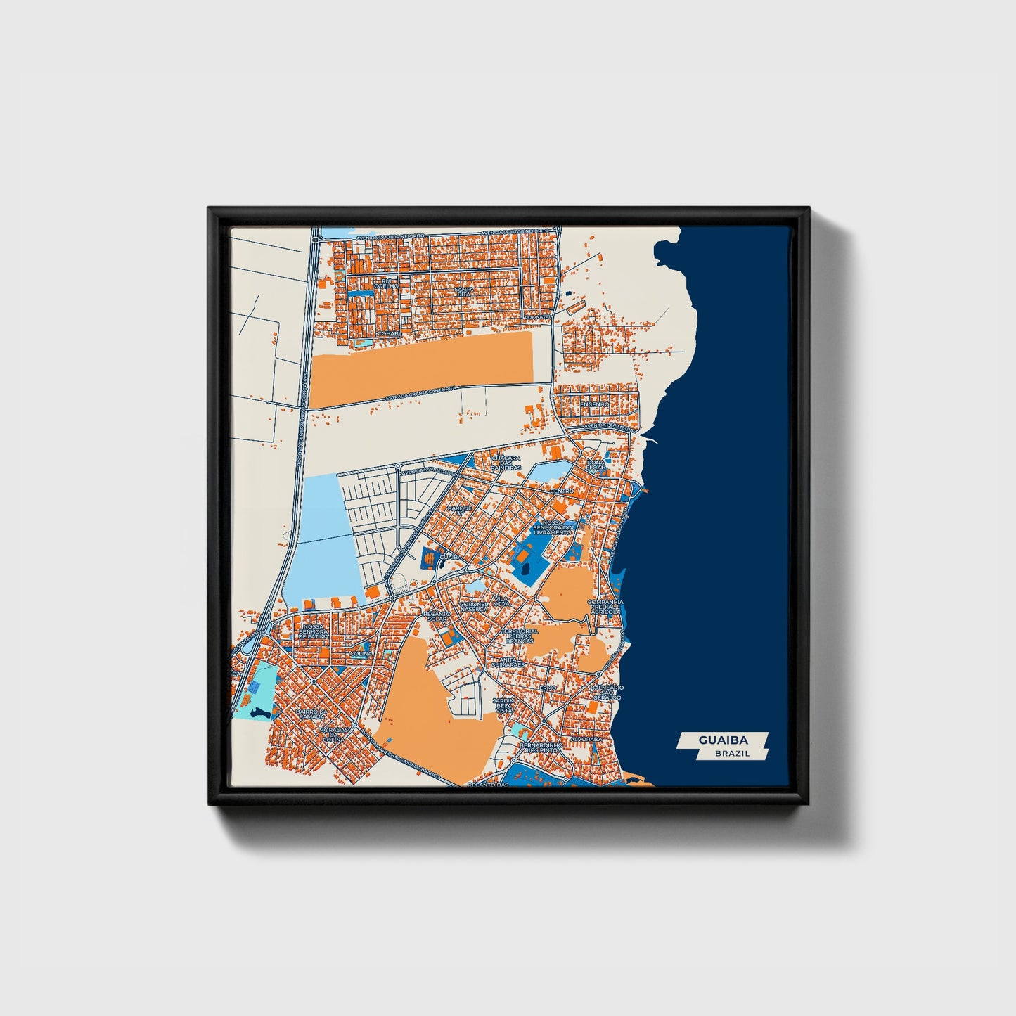Guaiba Brazil Colorful City Map Canvas Print • Black Framed