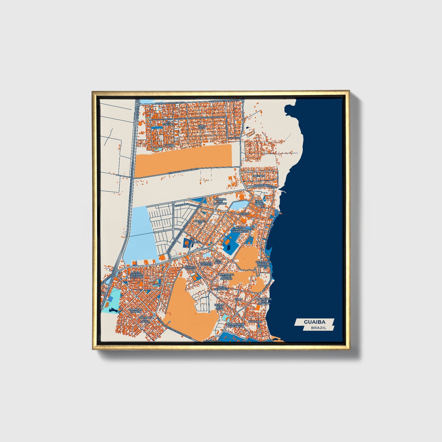 Guaiba Brazil Colorful City Map Canvas Print • Gold Framed