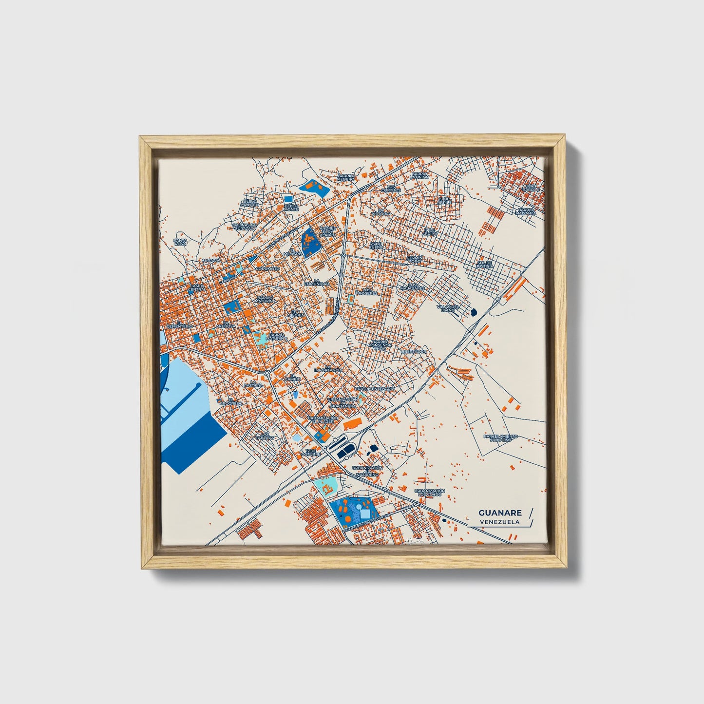 Guanare Venezuela Colorful City Map Canvas Print • Natural Wooden Framed