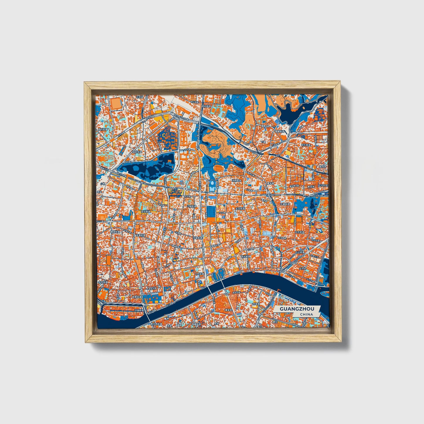 Guangzhou China Colorful City Map Canvas Print • Natural Wooden Framed
