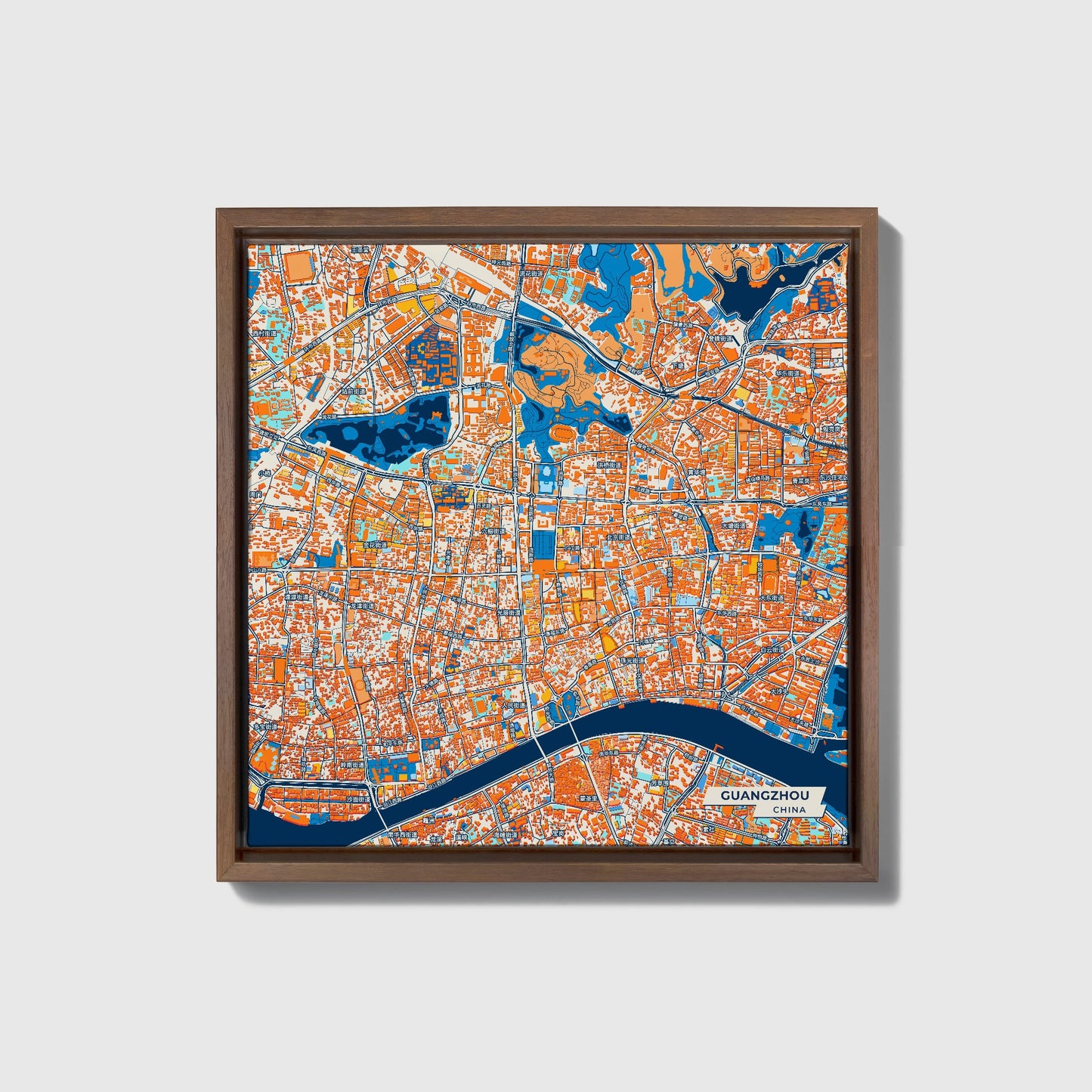 Guangzhou China Colorful City Map Canvas Print • Dark Wooden Framed
