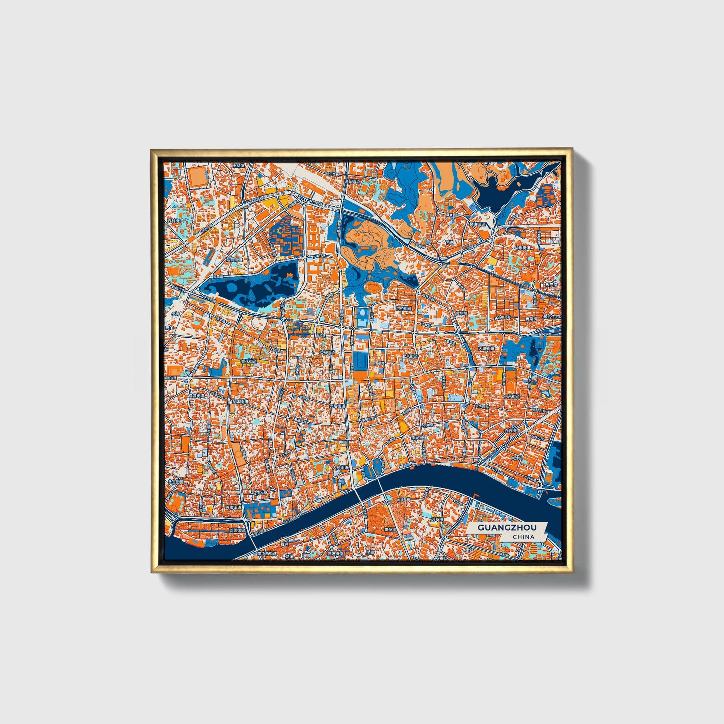 Guangzhou China Colorful City Map Canvas Print • Gold Framed