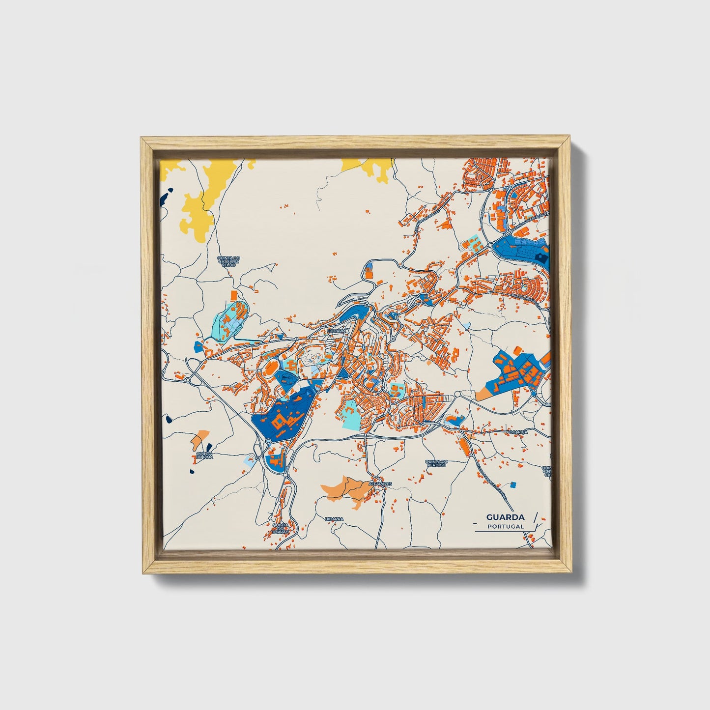 Guarda Portugal Colorful City Map Canvas Print • Natural Wooden Framed