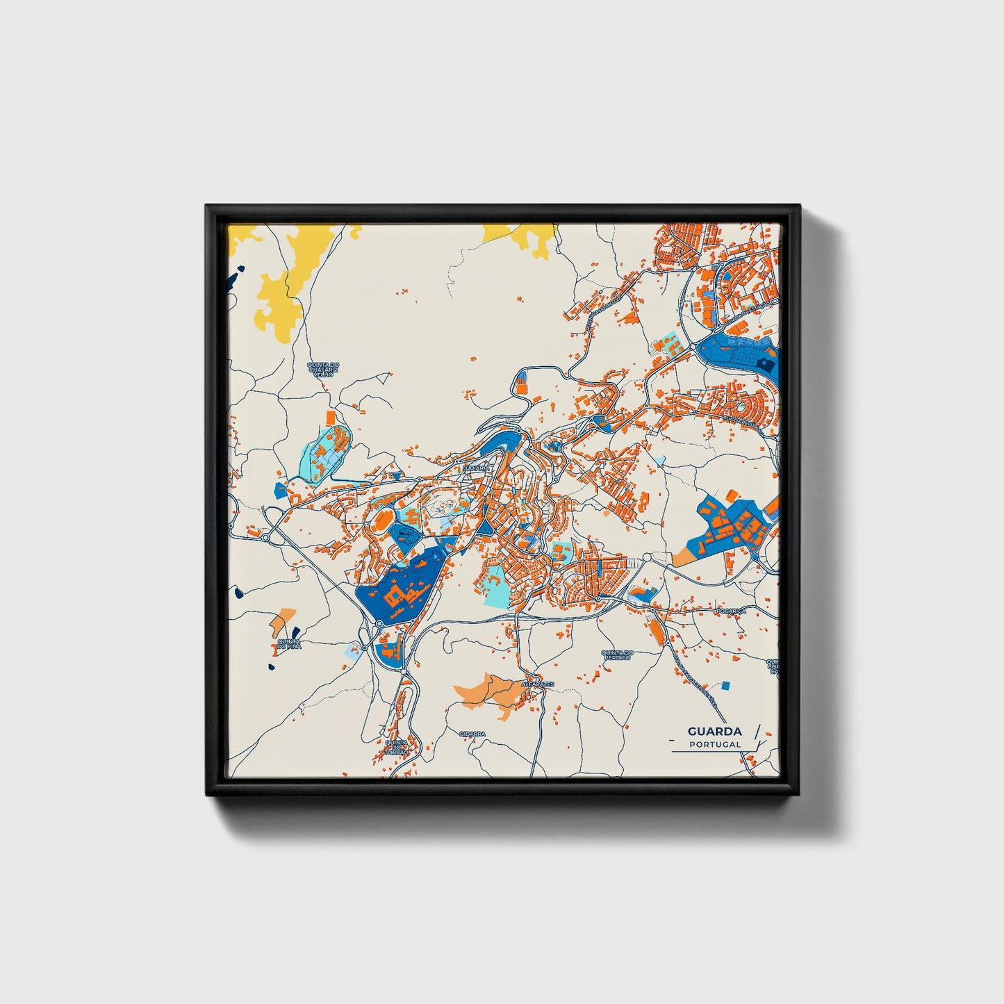 Guarda Portugal Colorful City Map Canvas Print • Black Framed