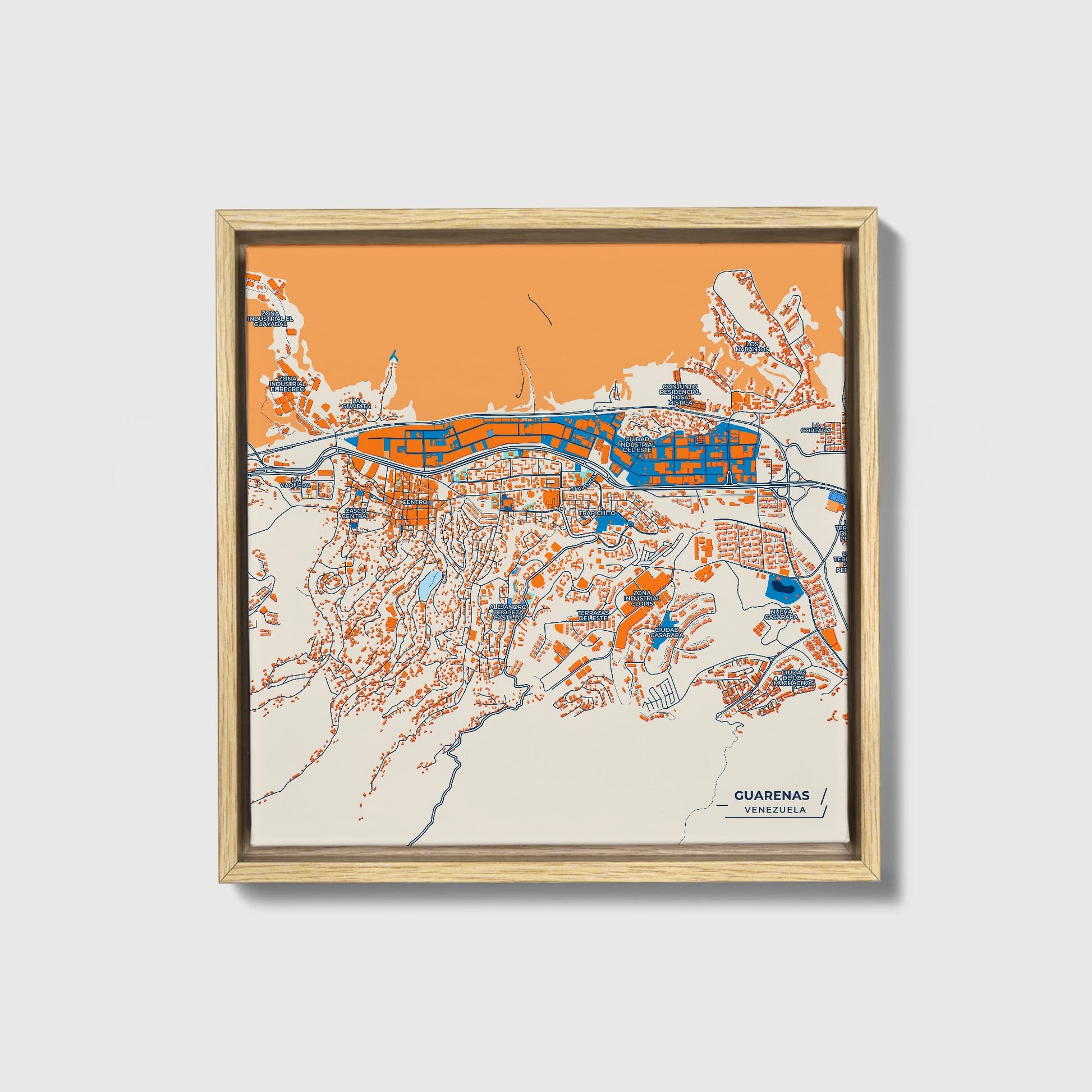 Guarenas Venezuela Colorful City Map Canvas Print • Natural Wooden Framed