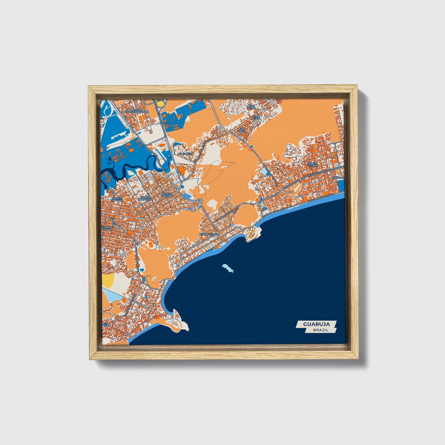 Guaruja Brazil Colorful City Map Canvas Print • Natural Wooden Framed