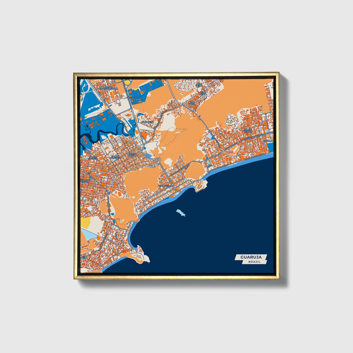 Guaruja Brazil Colorful City Map Canvas Print • Gold Framed