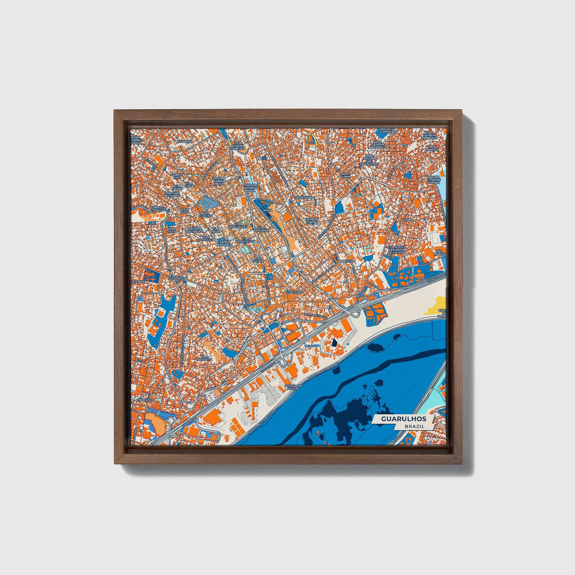 Guarulhos Brazil Colorful City Map Canvas Print • Dark Wooden Framed