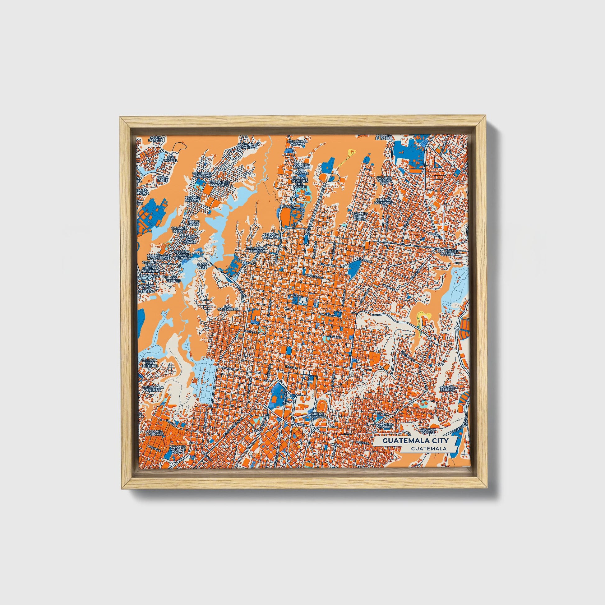 Guatemala City Guatemala Colorful City Map Canvas Print • Natural Wooden Framed