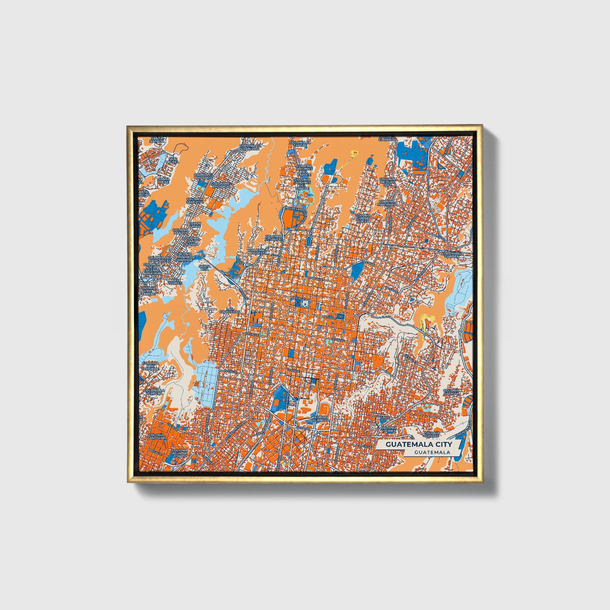 Guatemala City Guatemala Colorful City Map Canvas Print • Gold Framed