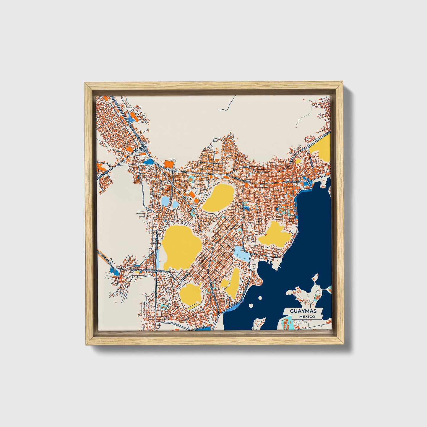 Guaymas Mexico Colorful City Map Canvas Print • Natural Wooden Framed