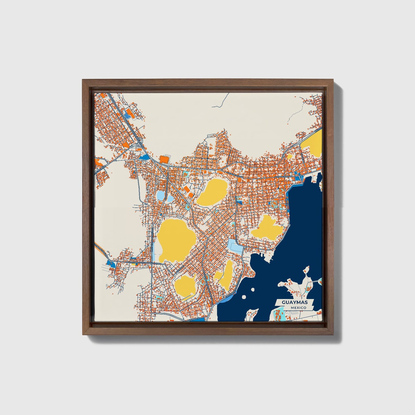 Guaymas Mexico Colorful City Map Canvas Print • Dark Wooden Framed