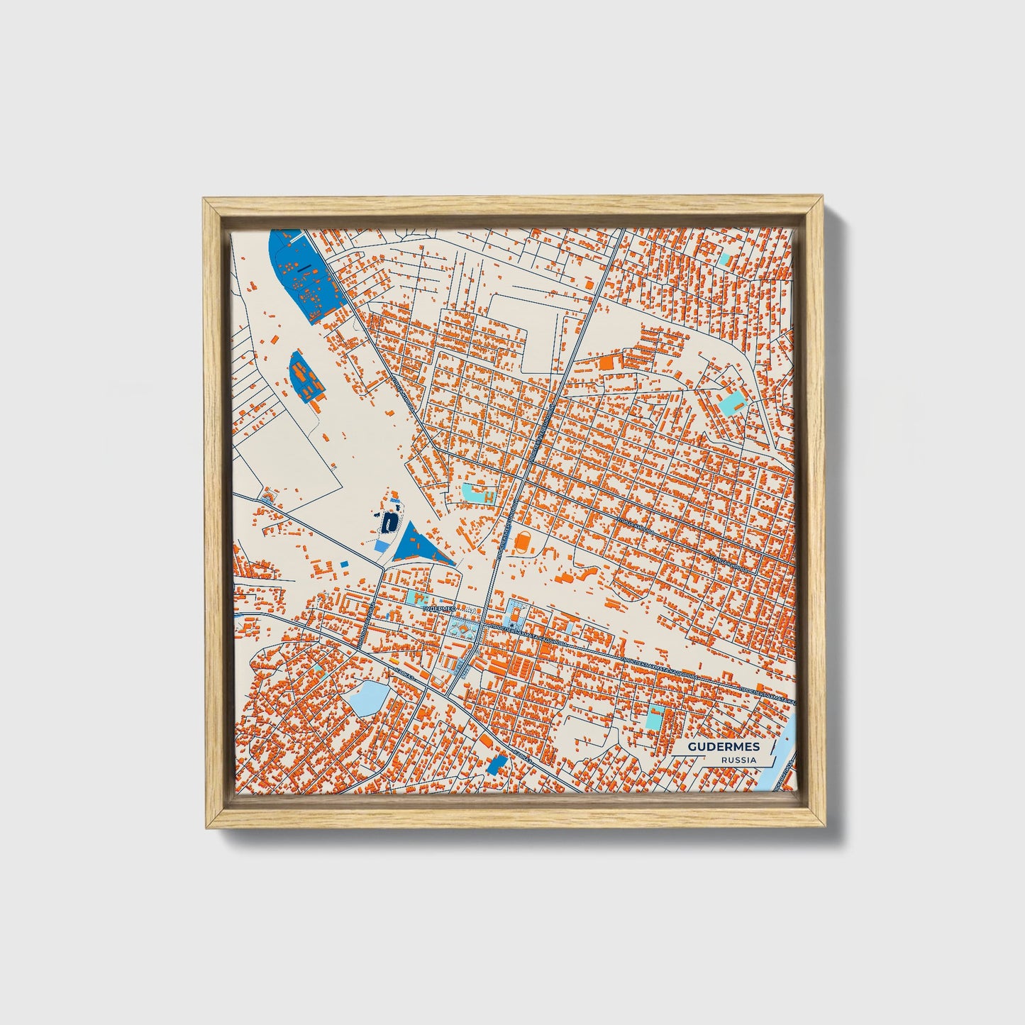Гудермес Russia Colorful City Map Canvas Print • Natural Wooden Framed