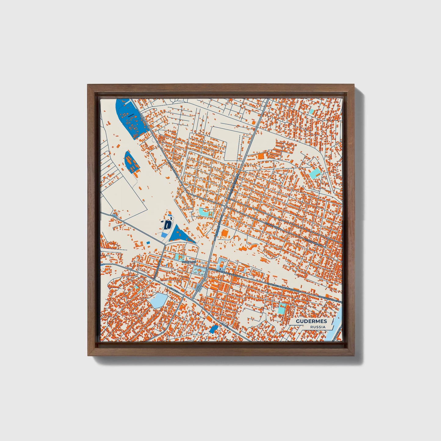 Гудермес Russia Colorful City Map Canvas Print • Dark Wooden Framed