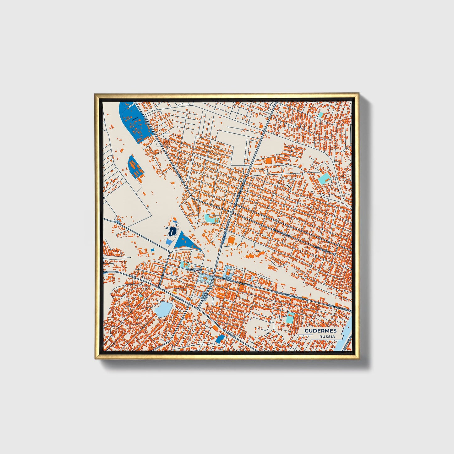 Гудермес Russia Colorful City Map Canvas Print • Gold Framed