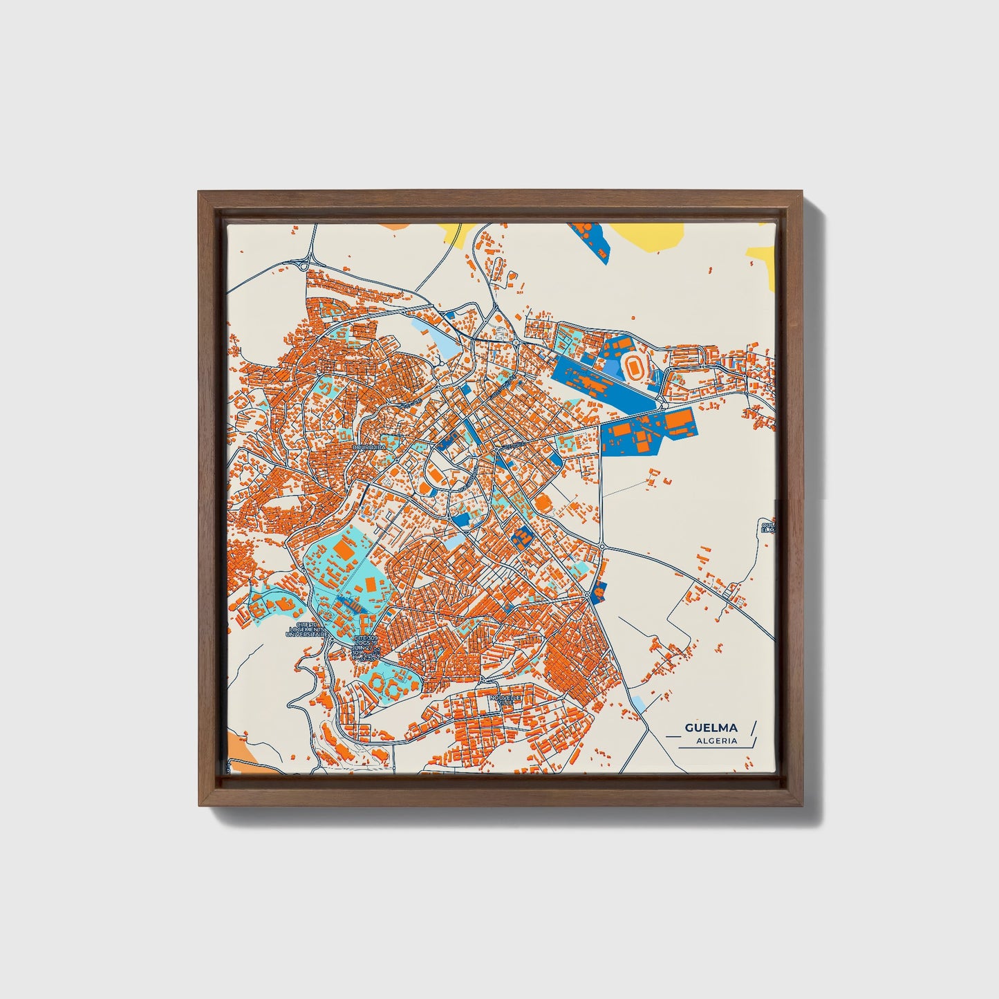 Guelma Algeria Colorful City Map Canvas Print • Dark Wooden Framed