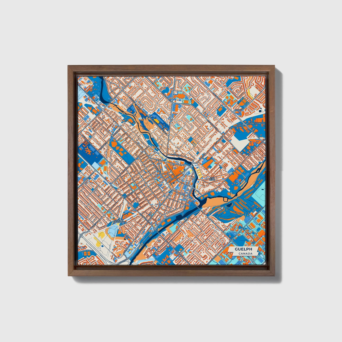 Guelph Canada Colorful City Map Canvas Print • Dark Wooden Framed
