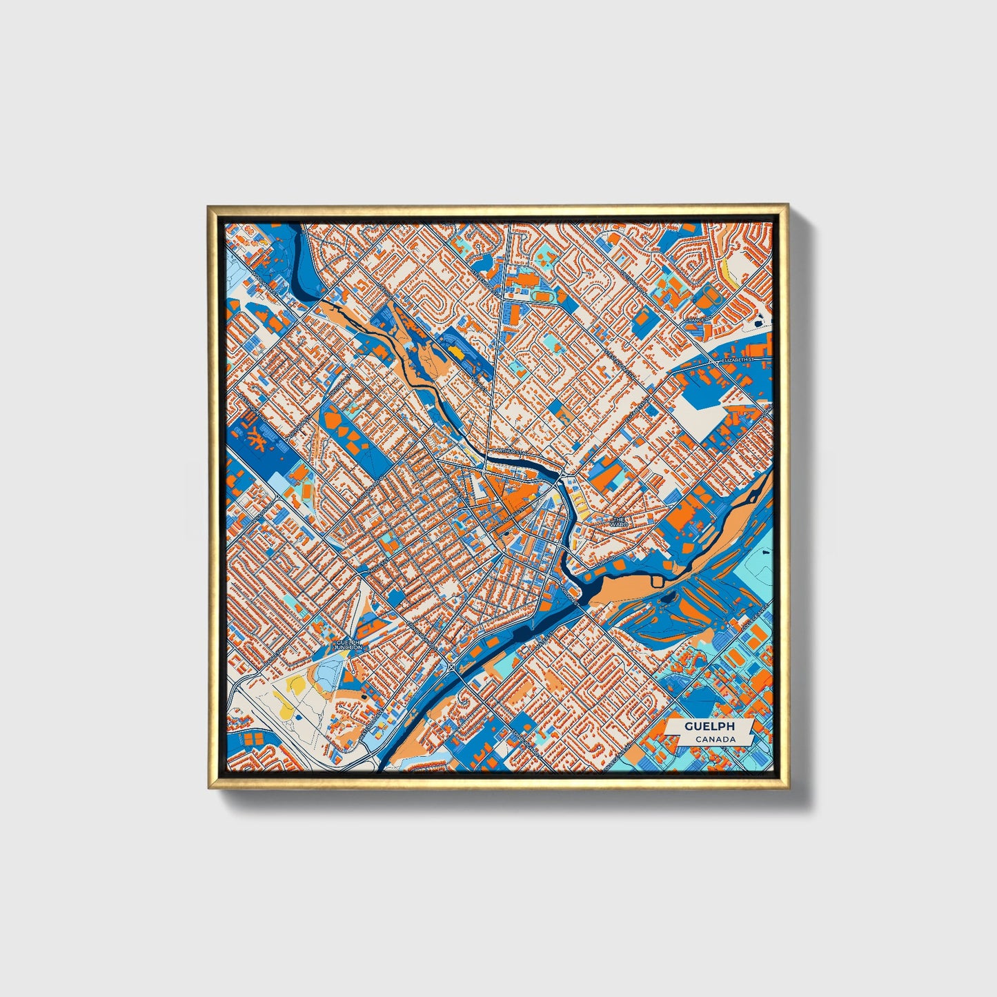 Guelph Canada Colorful City Map Canvas Print • Gold Framed