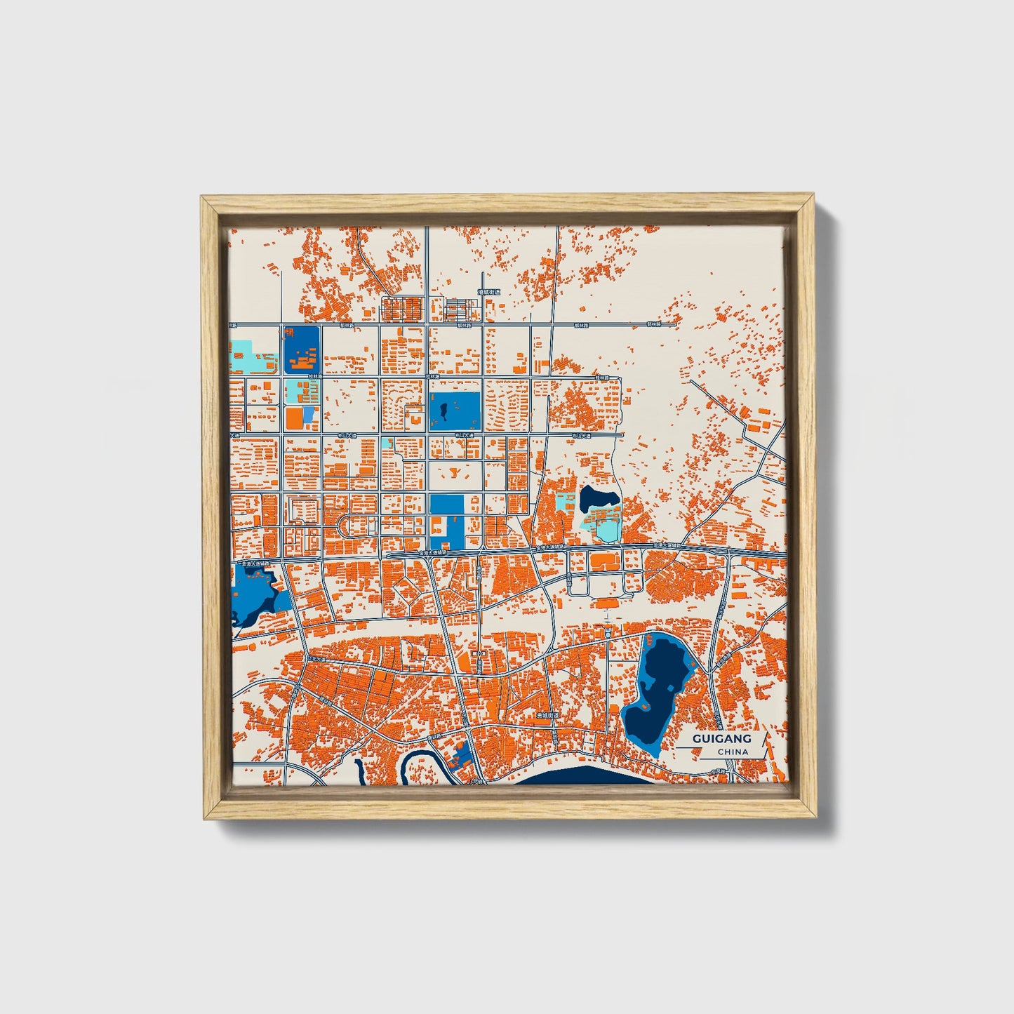 Guigang China Colorful City Map Canvas Print • Natural Wooden Framed