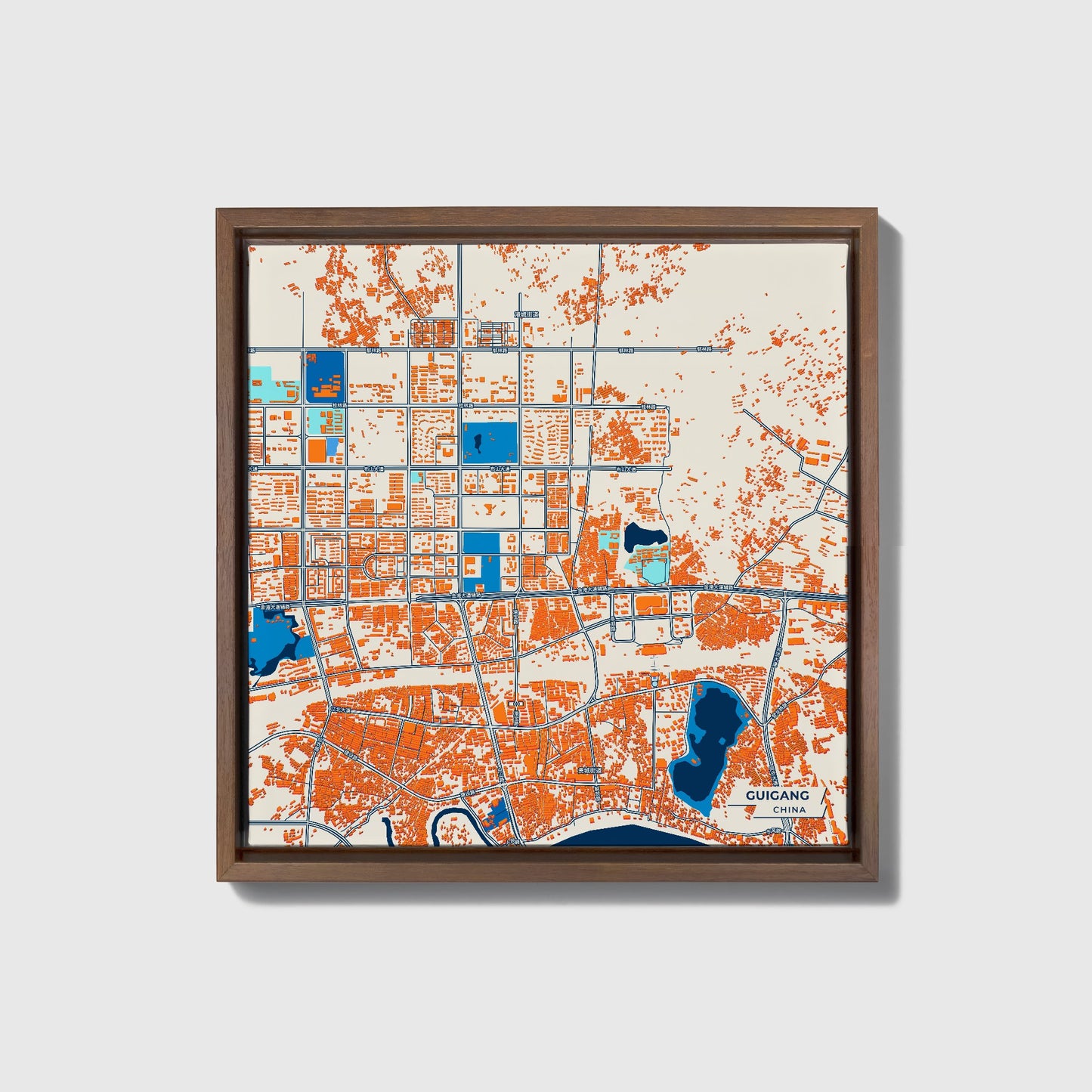 Guigang China Colorful City Map Canvas Print • Dark Wooden Framed