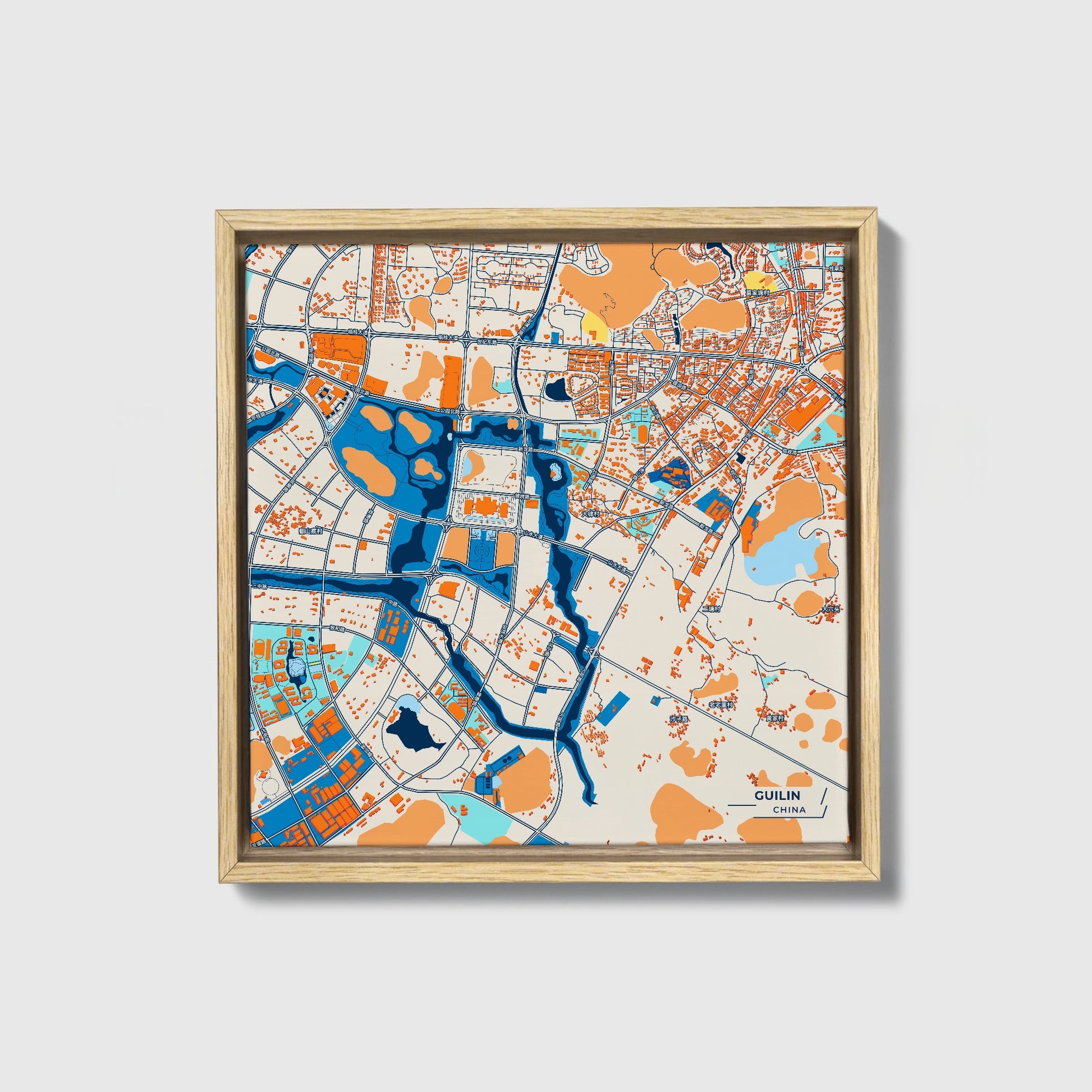 Guilin China Colorful City Map Canvas Print • Natural Wooden Framed