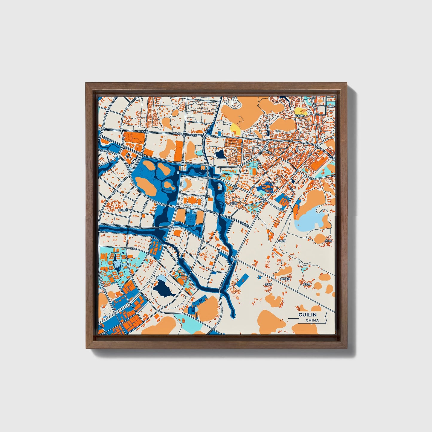 Guilin China Colorful City Map Canvas Print • Dark Wooden Framed