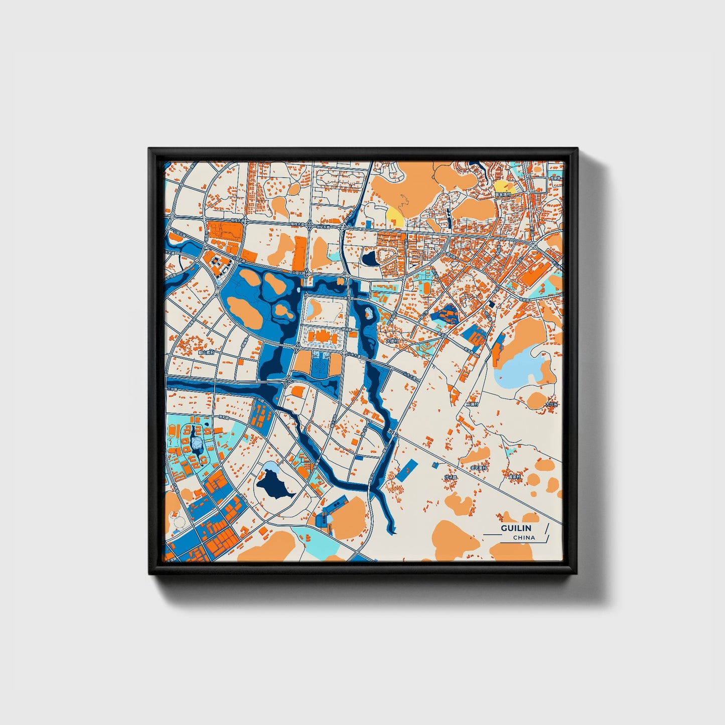 Guilin China Colorful City Map Canvas Print • Black Framed