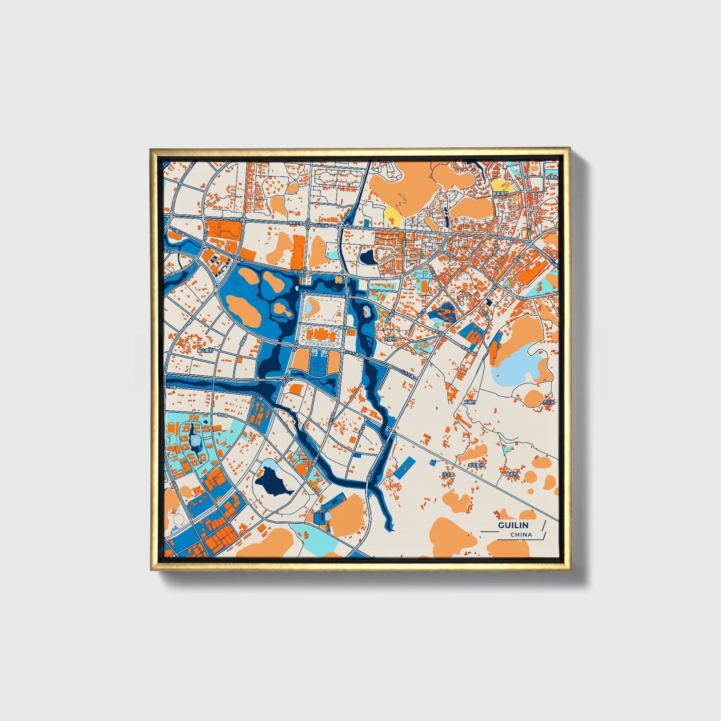 Guilin China Colorful City Map Canvas Print • Gold Framed
