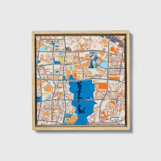 Guiyang China Colorful City Map Canvas Print • Natural Wooden Framed