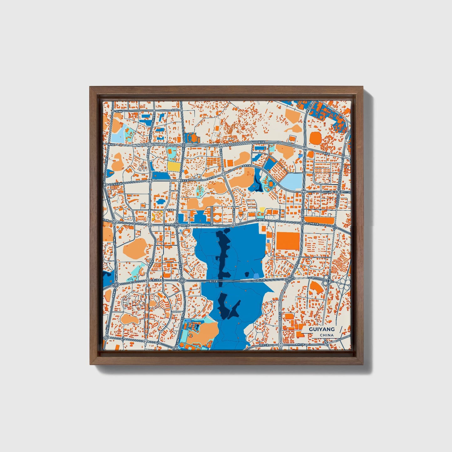 Guiyang China Colorful City Map Canvas Print • Dark Wooden Framed