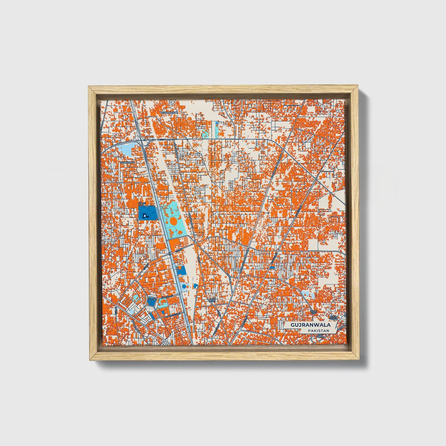 Gujranwala Pakistan Colorful City Map Canvas Print • Natural Wooden Framed