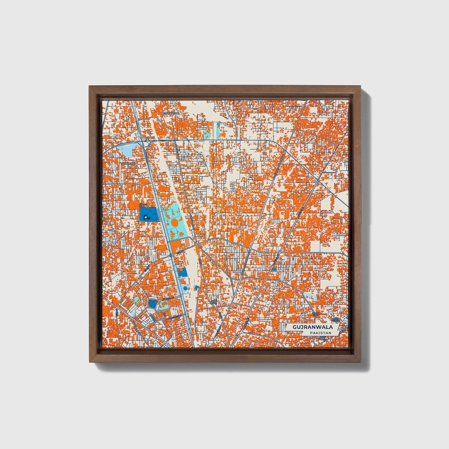 Gujranwala Pakistan Colorful City Map Canvas Print • Dark Wooden Framed