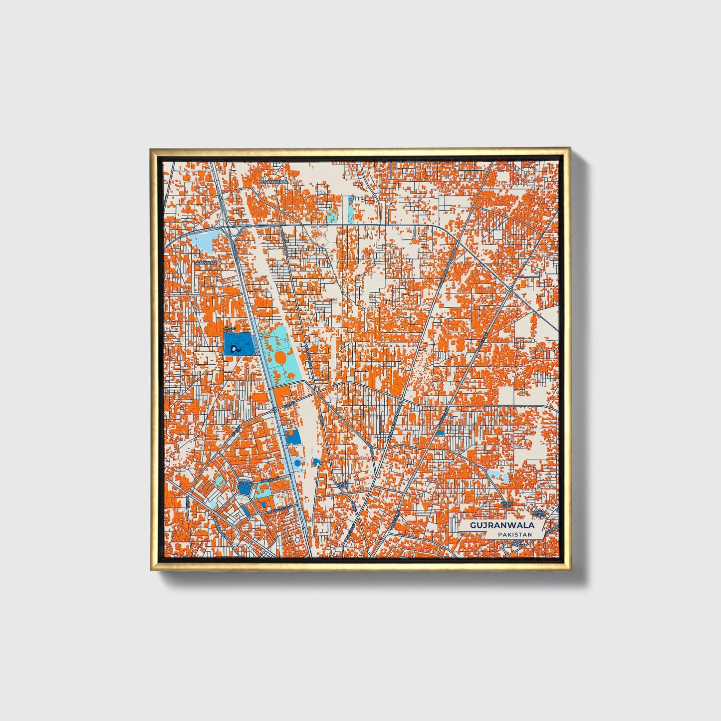Gujranwala Pakistan Colorful City Map Canvas Print • Gold Framed