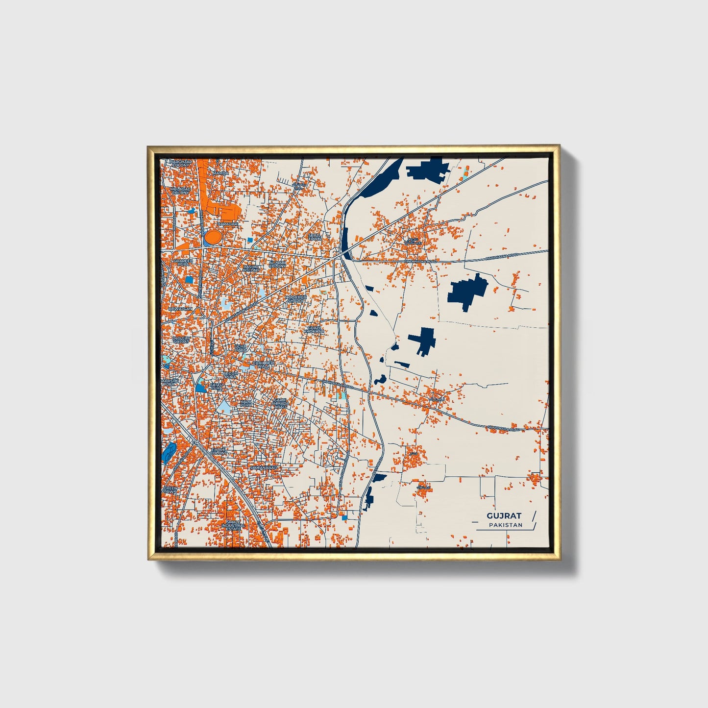 Gujrat Pakistan Colorful City Map Canvas Print • Gold Framed