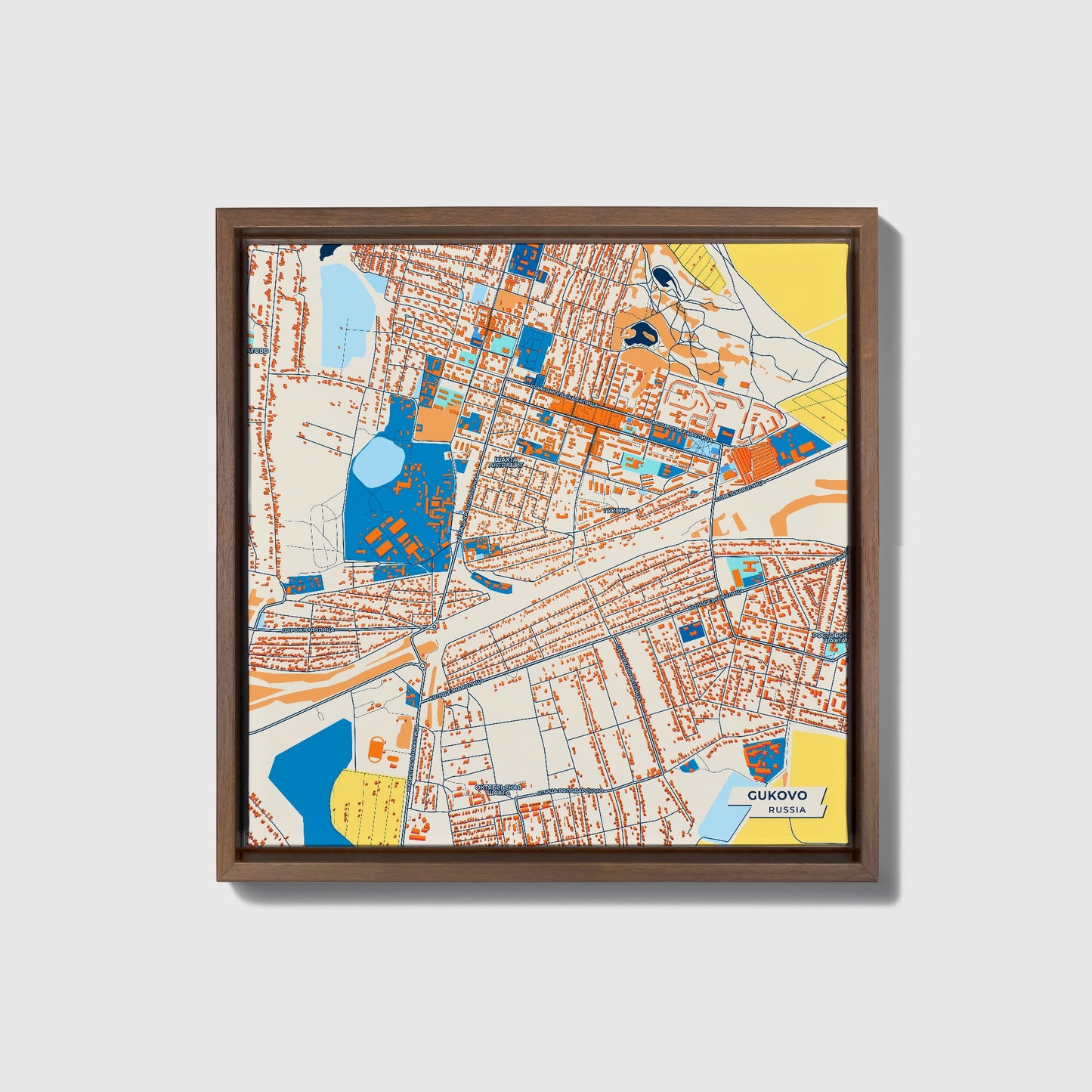 Гуково Russia Colorful City Map Canvas Print • Dark Wooden Framed