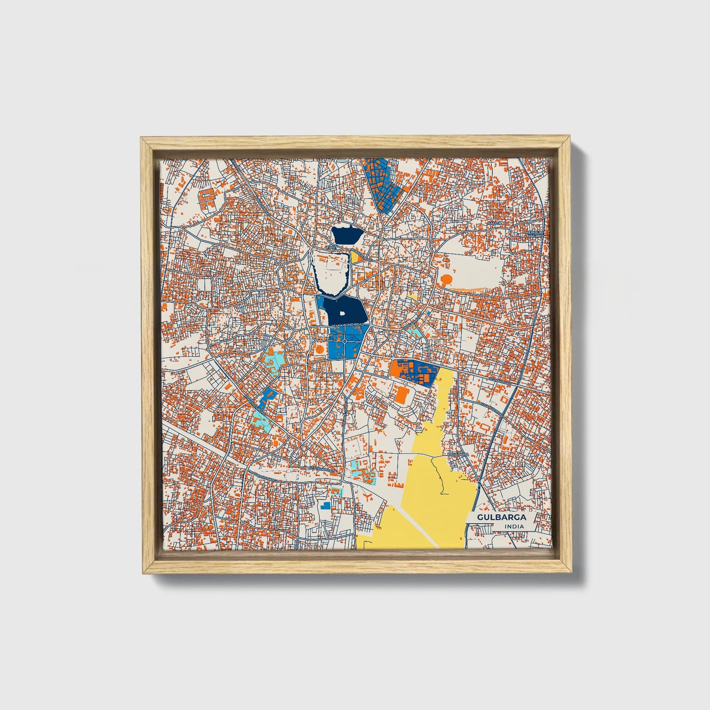Gulbarga India Colorful City Map Canvas Print • Natural Wooden Framed