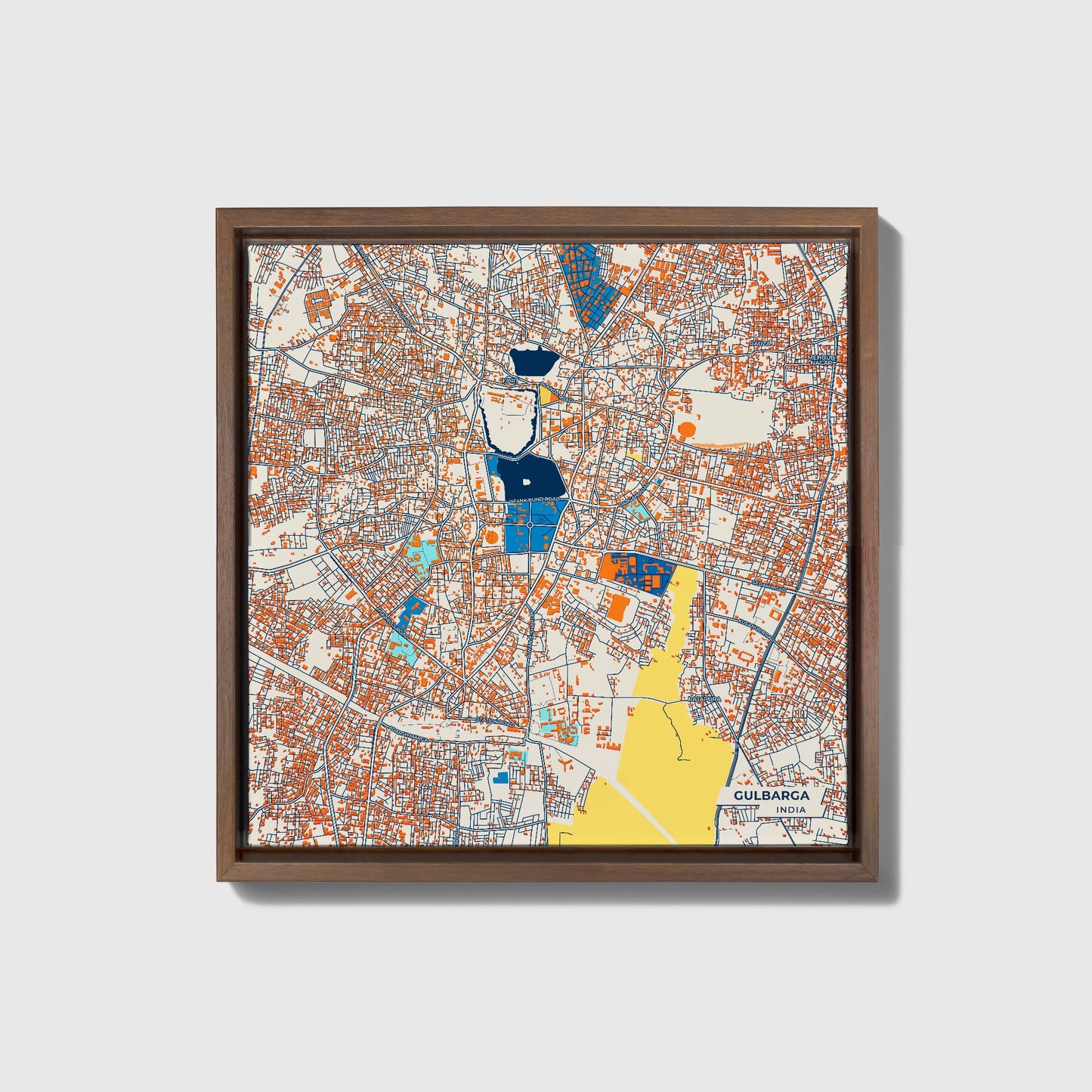 Gulbarga India Colorful City Map Canvas Print • Dark Wooden Framed