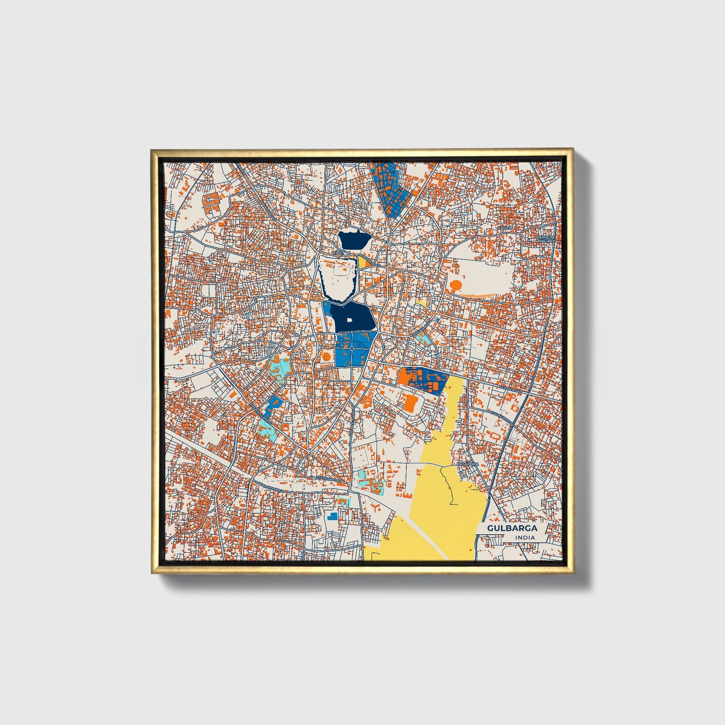 Gulbarga India Colorful City Map Canvas Print • Gold Framed