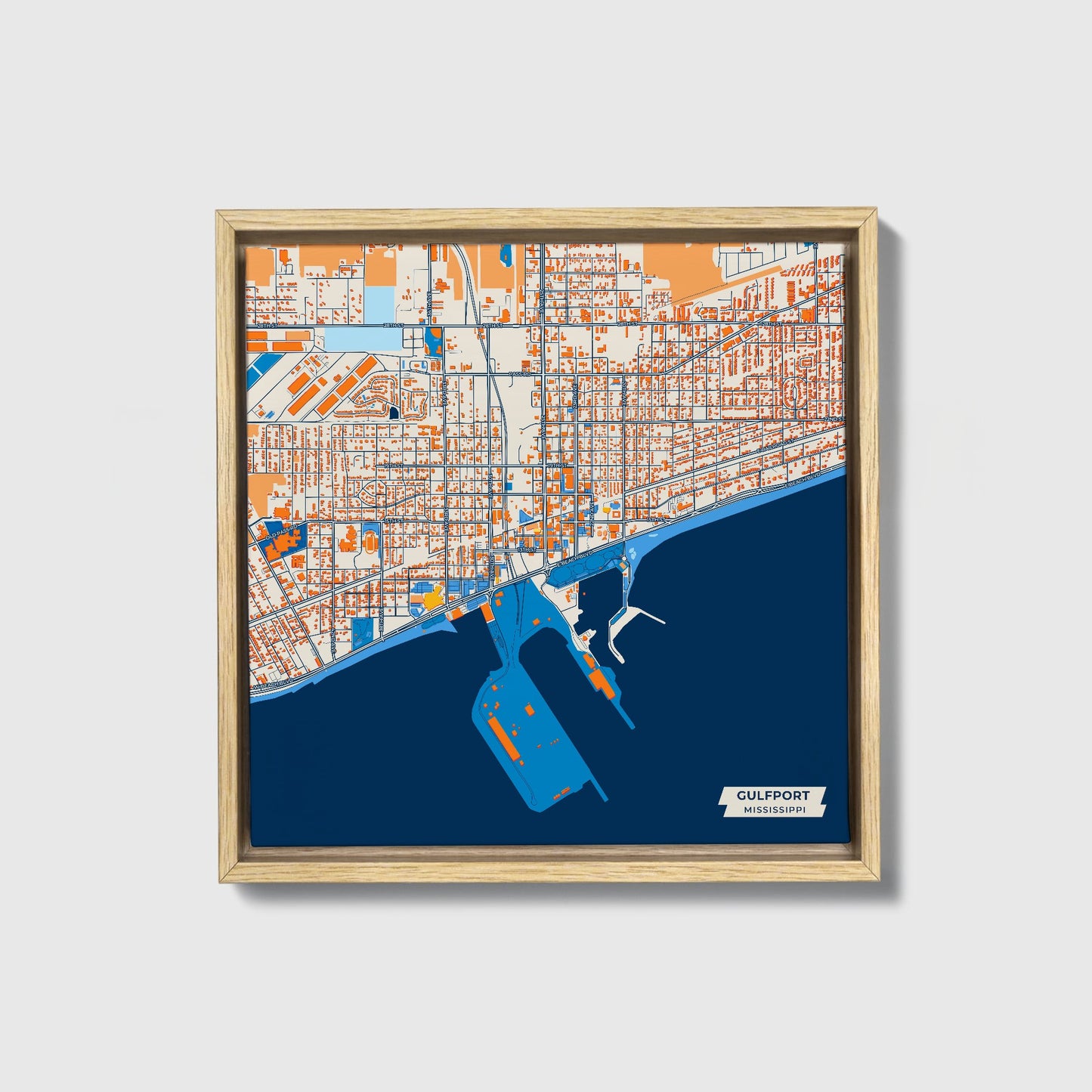 Gulfport Mississippi Colorful City Map Canvas Print • Natural Wooden Framed