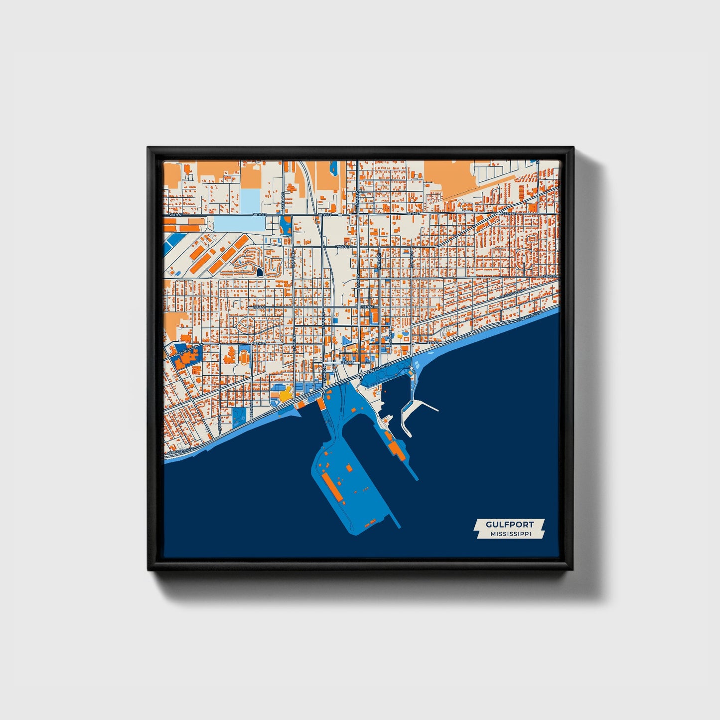 Gulfport Mississippi Colorful City Map Canvas Print • Black Framed