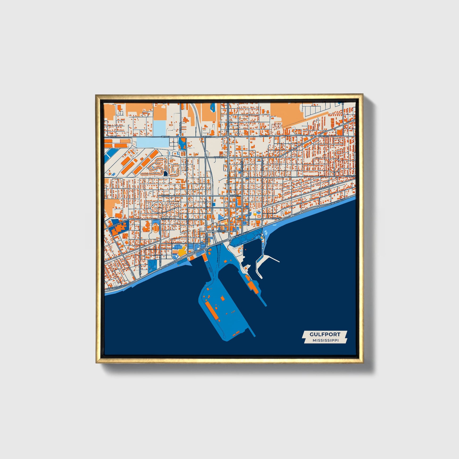 Gulfport Mississippi Colorful City Map Canvas Print • Gold Framed