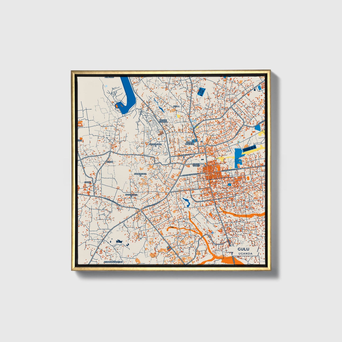 Gulu Uganda Colorful City Map Canvas Print • Gold Framed