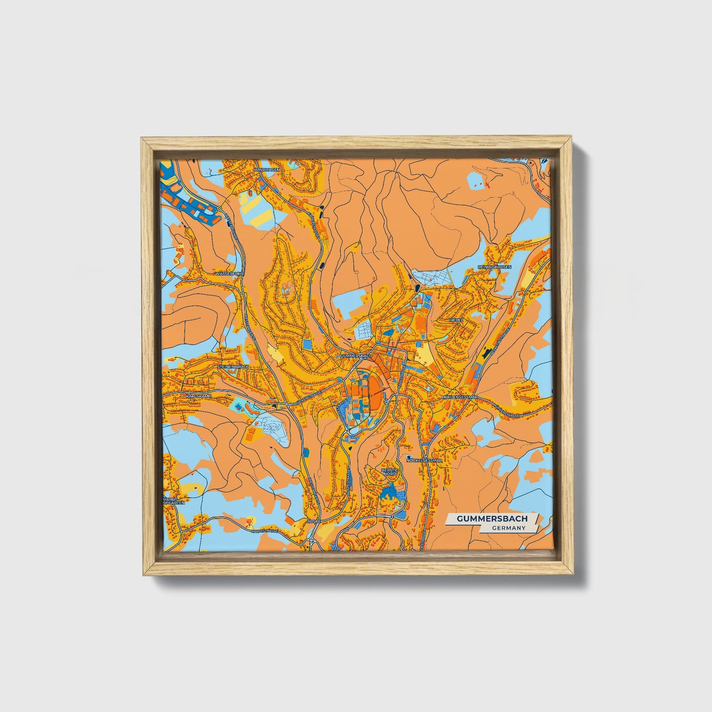 Gummersbach Germany Colorful City Map Canvas Print • Natural Wooden Framed