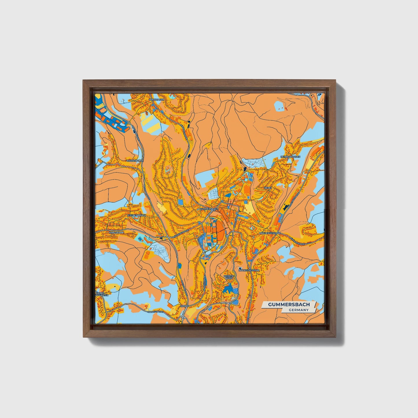 Gummersbach Germany Colorful City Map Canvas Print • Dark Wooden Framed